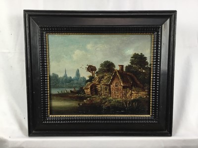 Lot 90 - Continental School, 18th century, oil on panel, cottage with dovecote