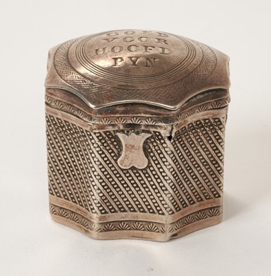 Lot 430 - 18th century Dutch silver peppermint box, impressed COED VOOR HOOFD PYN (good for headache).