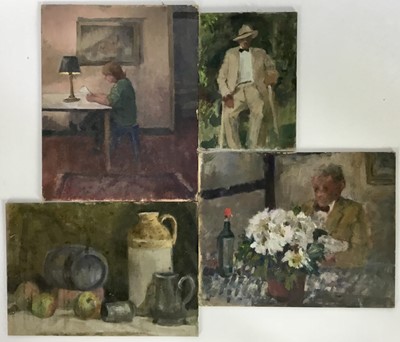 Lot 141 - Dahl 20th century oil on board - figure reading 25.5cm x 20.5cm, with 3 further works by the same hand