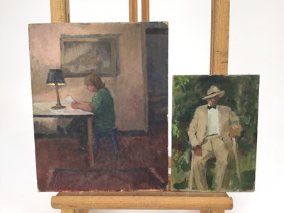 Lot 141 - Dahl 20th century oil on board - figure reading 25.5cm x 20.5cm, with 3 further works by the same hand