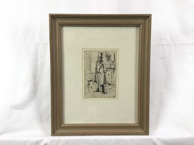 Lot 15 - Charles Keene (1823-1891) original etching - Old Man in Top Hat standing before a stove, from the Spielmann Edition, 12cm x 8cm in glazed frame