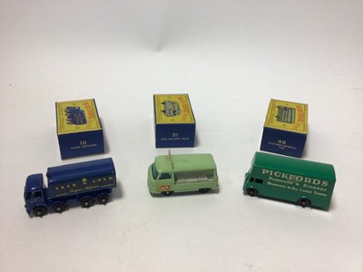 Lot 226 - Matchbox 1-75 Series No.15 Refuse Truck, No.37 Coca-Cola Lorry, No.21 Milk Delivery Truck, No.5 Routemaster, No.10 Sugar Container, No. 46 Pickfords Removal Van, all boxed