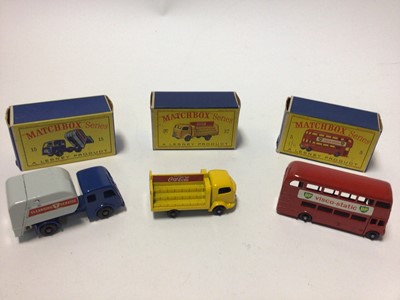 Lot 226 - Matchbox 1-75 Series No.15 Refuse Truck, No.37 Coca-Cola Lorry, No.21 Milk Delivery Truck, No.5 Routemaster, No.10 Sugar Container, No. 46 Pickfords Removal Van, all boxed