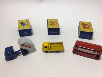 Lot 226 - Matchbox 1-75 Series No.15 Refuse Truck, No.37 Coca-Cola Lorry, No.21 Milk Delivery Truck, No.5 Routemaster, No.10 Sugar Container, No. 46 Pickfords Removal Van, all boxed