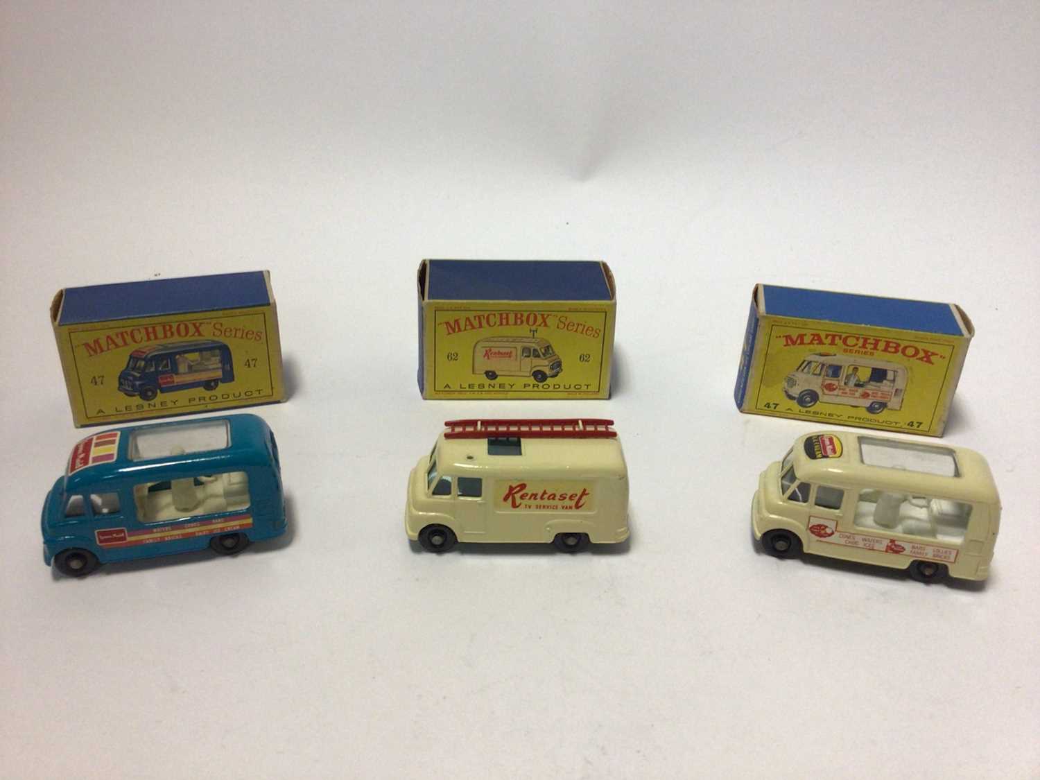 Lot 227 - Matchbox 1-75 Series No.47 Lyons Maid Ice Cream Mobile Shop, No.47 Lord Neilson Ice Cream Shop, No. 62 TV Service Van, No. 34 Volkswagon Camping Van, No.34 Volkswagon Camper, No.23 Caravan Trailer,...