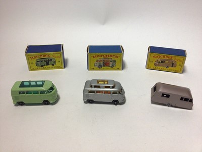 Lot 227 - Matchbox 1-75 Series No.47 Lyons Maid Ice Cream Mobile Shop, No.47 Lord Neilson Ice Cream Shop, No. 62 TV Service Van, No. 34 Volkswagon Camping Van, No.34 Volkswagon Camper, No.23 Caravan Trailer,...