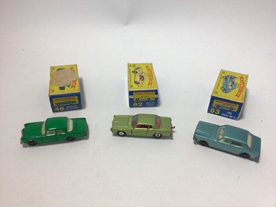 Lot 228 - Matchbox 1-75 Series No. 67 Volkswagon 1600 TL, No. 62 Mercury Cougar, No.53 Ford Zodiac, MK IV, No.8 Ford Mustan, No.46 Mercedes 300 SE Coupe, No.24 Rolls Royce Silver Shadow, all boxed