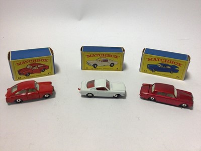 Lot 228 - Matchbox 1-75 Series No. 67 Volkswagon 1600 TL, No. 62 Mercury Cougar, No.53 Ford Zodiac, MK IV, No.8 Ford Mustan, No.46 Mercedes 300 SE Coupe, No.24 Rolls Royce Silver Shadow, all boxed