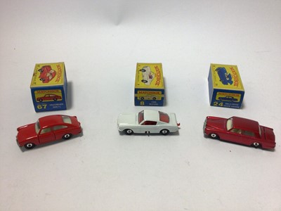 Lot 228 - Matchbox 1-75 Series No. 67 Volkswagon 1600 TL, No. 62 Mercury Cougar, No.53 Ford Zodiac, MK IV, No.8 Ford Mustan, No.46 Mercedes 300 SE Coupe, No.24 Rolls Royce Silver Shadow, all boxed