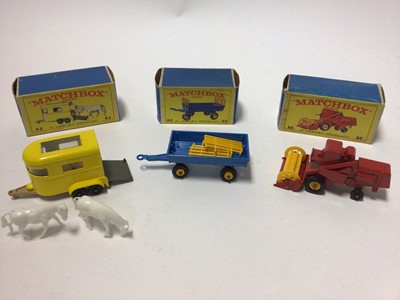 Lot 229 - Matchbox 1-75 Series No. 43 Pony Trailer, No.65 Claas Combine Harvester, No.61 Alvis Stalwart, No.37 Cattle Truck, No. 40 Hay Trailer, No.2. Mercedes Trailer, No.65 Combine Harvester, all boxed (7)