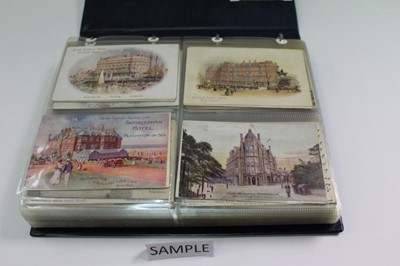 Lot 1401 - Postcards in album including early cards, hotels, poster type cards, black and white vignettes, Nelson, humour, glamour, cricket, real photographic 1906 Cambridge crew. 1906 Olympics, early footbal...