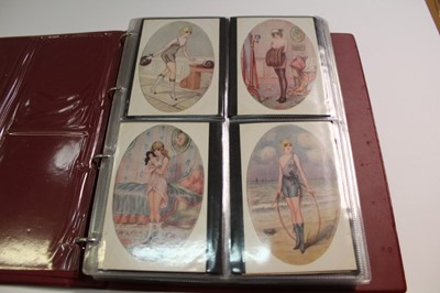 Lot 1402 - Postcards in album including glamour Kirchner, Penot and others, French romance and pin ups, mermaids, humour, Harry Payne military, novelty, early vignette, fantasy heads, real photographic early...