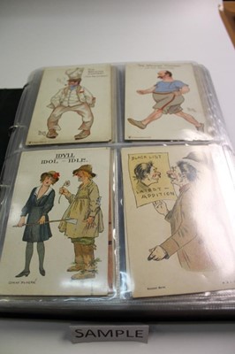 Lot 1404 - Postcards in album of artist drawn comic cards including Addled Ads, Agony Column, write away, Bonzo, Cricket Kinsella, romance, marriage, children etc.