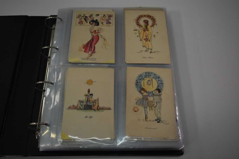 Lot 1414 - Postcards in three albums plus one empty album including Norwich cards, The Walk decorated Royal Visit 1909, shipping, artist drawn humour, Thackery, Police, glamour including Shand, Pepin, E Colom...