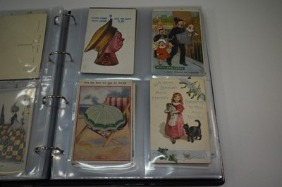 Lot 1414 - Postcards in three albums plus one empty album including Norwich cards, The Walk decorated Royal Visit 1909, shipping, artist drawn humour, Thackery, Police, glamour including Shand, Pepin, E Colom...