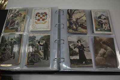 Lot 1414 - Postcards in three albums plus one empty album including Norwich cards, The Walk decorated Royal Visit 1909, shipping, artist drawn humour, Thackery, Police, glamour including Shand, Pepin, E Colom...