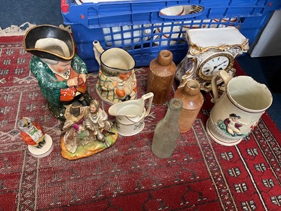 Lot 647 - Staffordshire Toby Jug, two Colchester interest bottles and other antique ceramics.