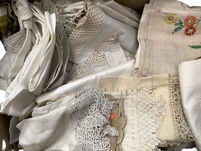 Lot 2069 - Large quantity of table linens including white damask cloths, wide crochet trimmed cloths, embroidered and pulled thread cloths, lace trimmed cloths and mats etc.
