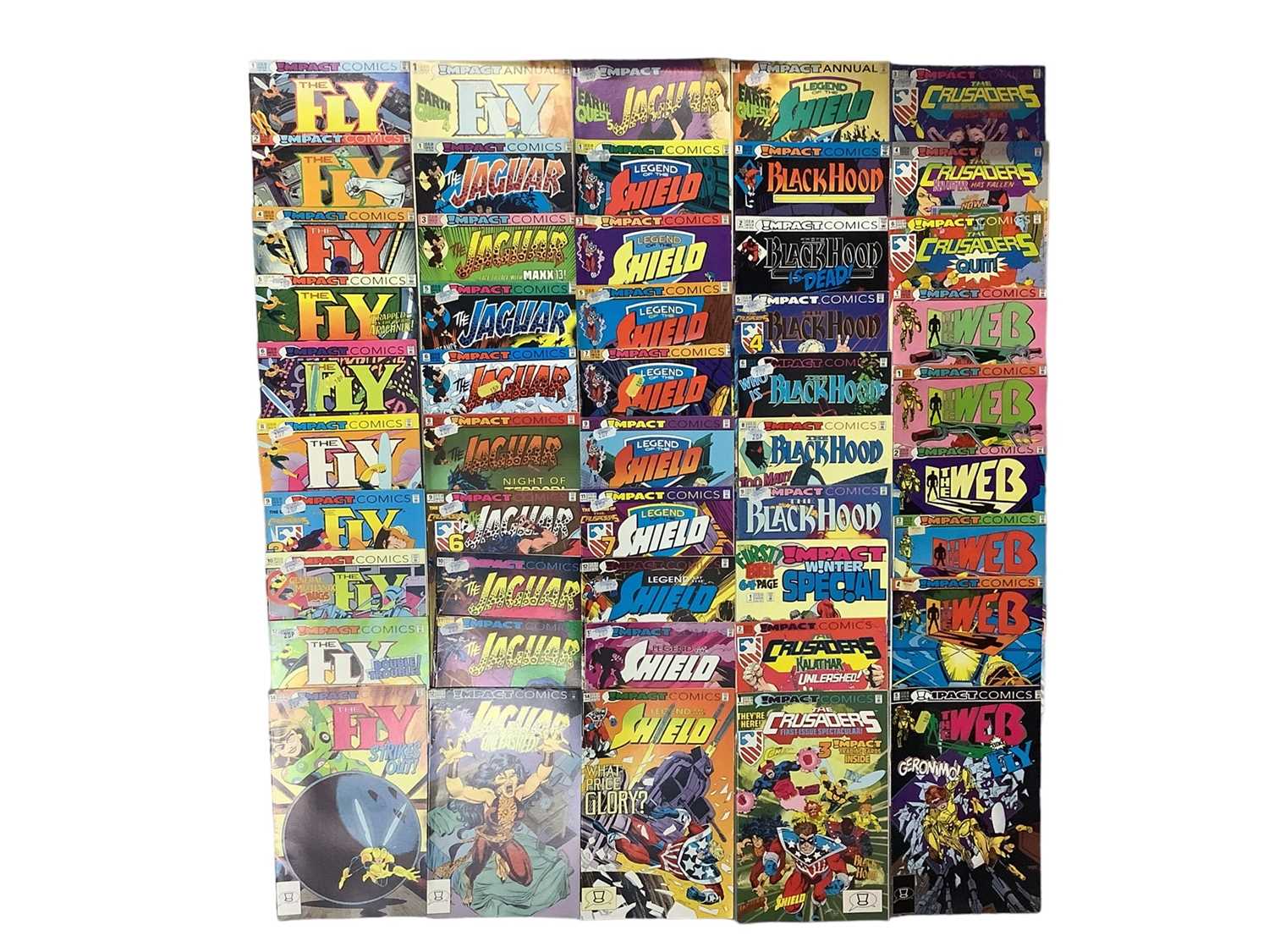 Lot 179 - Group of Impact comics 1990's. To include the Web, the Comet, BlackHood, the Fly, the Jaguar, Legend of the Shield and the Crusaders. Approximately 65 comics.