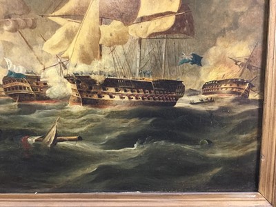 Lot 68 - English School, 19th century, oil on canvas, Sea Battle, 50 x 60cm, framed. Provenance: From the Estate of David Tron, Kings Road Antiques dealer