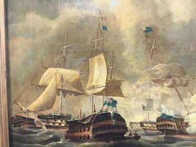 Lot 68 - English School, 19th century, oil on canvas, Sea Battle, 50 x 60cm, framed. Provenance: From the Estate of David Tron, Kings Road Antiques dealer