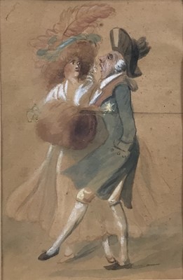 Lot 72 - Manner of Thomas Rowlandson, watercolour, Glamorous couple promenading, unsigned, 21 x 13cm, glazed frame. Provenance: From the Estate of David Tron, Kings Road Antiques dealer