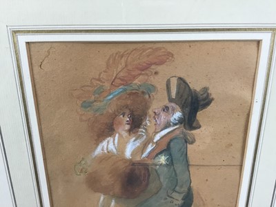 Lot 72 - Manner of Thomas Rowlandson, watercolour, Glamorous couple promenading, unsigned, 21 x 13cm, glazed frame. Provenance: From the Estate of David Tron, Kings Road Antiques dealer