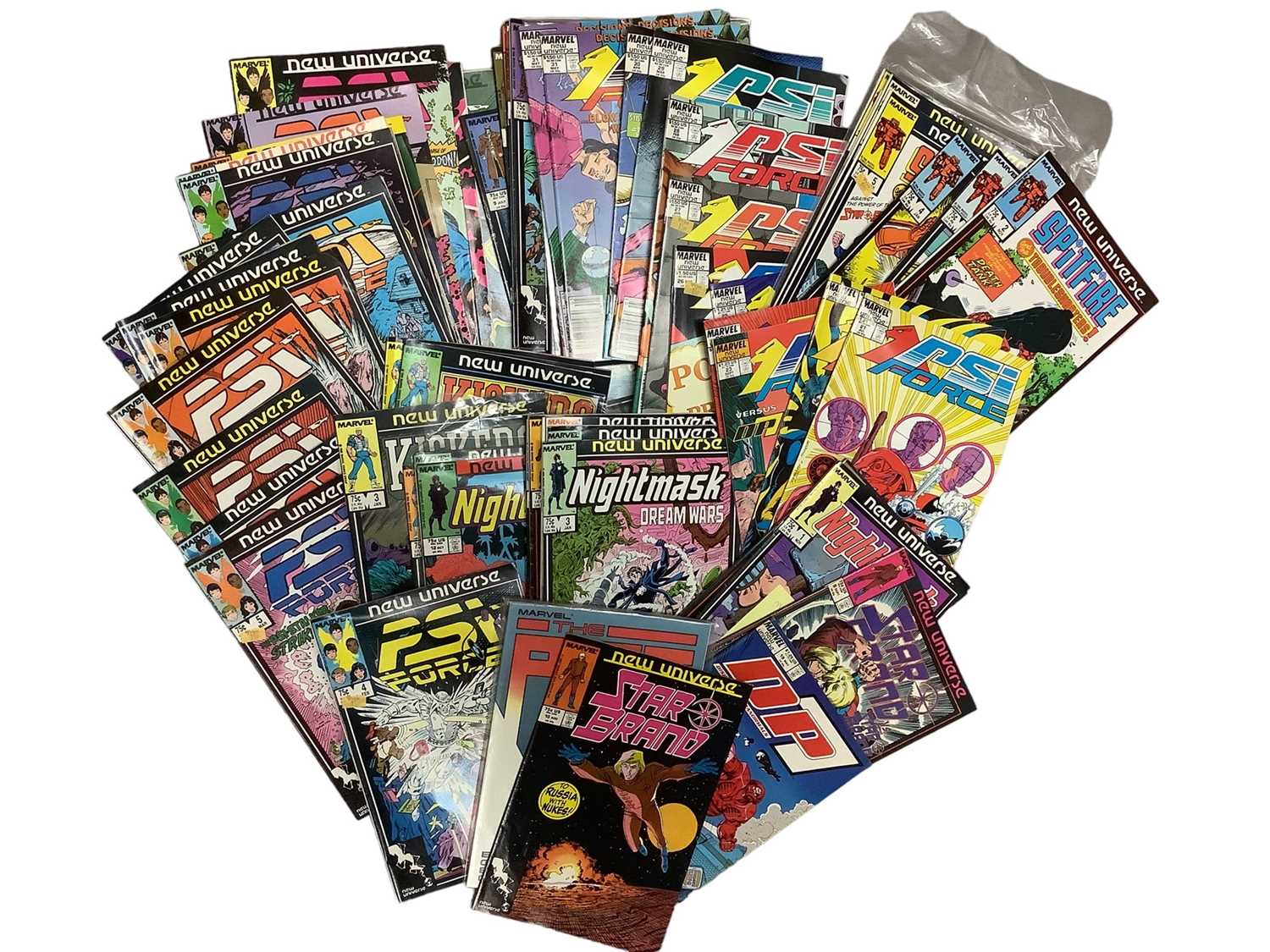 Lot 134 - large group of marvel comics New Universe (1986). To include Mark Hazzard Merc complete run from issue 1-12 and 1 annual, Justice complete run from issue 1-32, Star Brand, Spitfire, Psi force, D.P....