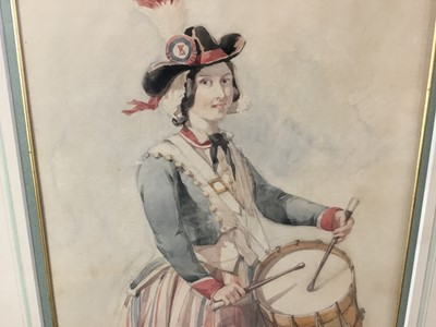 Lot 80 - Frederick Goodall (1822-1904) watercolour, Theatrical study - Miss Poole as Maria in The Daughter of the Regiment, signed with initials and dated Decr. 1847, label verso, 36 x 22cm, glazed frame. P...