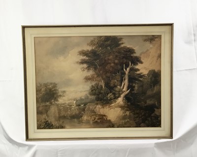 Lot 81 - English School, early 19th century, watercolour - Figures in a pastoral landscape, unsigned, 40 x 53cm, framed. Provenance: Estate of David Tron, Kings Road Antiques Dealer