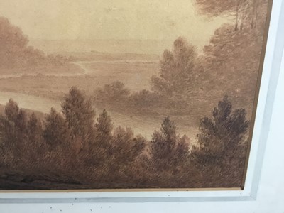 Lot 85 - Follower of Thomas Gainsborough, sepia watercolour, figures in a landscape, with label verso attributing the picture to Gainsborough, 41 x 57cm, glazed gilt frame. Provenance: From the Estate of Da...