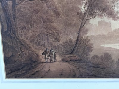 Lot 85 - Follower of Thomas Gainsborough, sepia watercolour, figures in a landscape, with label verso attributing the picture to Gainsborough, 41 x 57cm, glazed gilt frame. Provenance: From the Estate of Da...