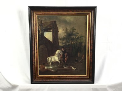 Lot 88 - 17th century Continental school, oil on panel, figures and animals at a watering hole, 34 x 27cm, framed
