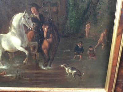 Lot 88 - 17th century Continental school, oil on panel, figures and animals at a watering hole, 34 x 27cm, framed