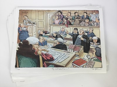 Lot 94 - Bob Farndon (20th century) collection of hand coloured prints on a Legal theme, each signed titled and numbered, including various duplicates (approximately 30) total size 31 x 43cm