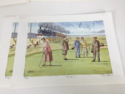 Lot 95 - Bob Farndon (20th century) collection of hand coloured prints on a golfing theme, each signed titled and numbered, including various duplicates (approximately 25) total size 31 x 43cm