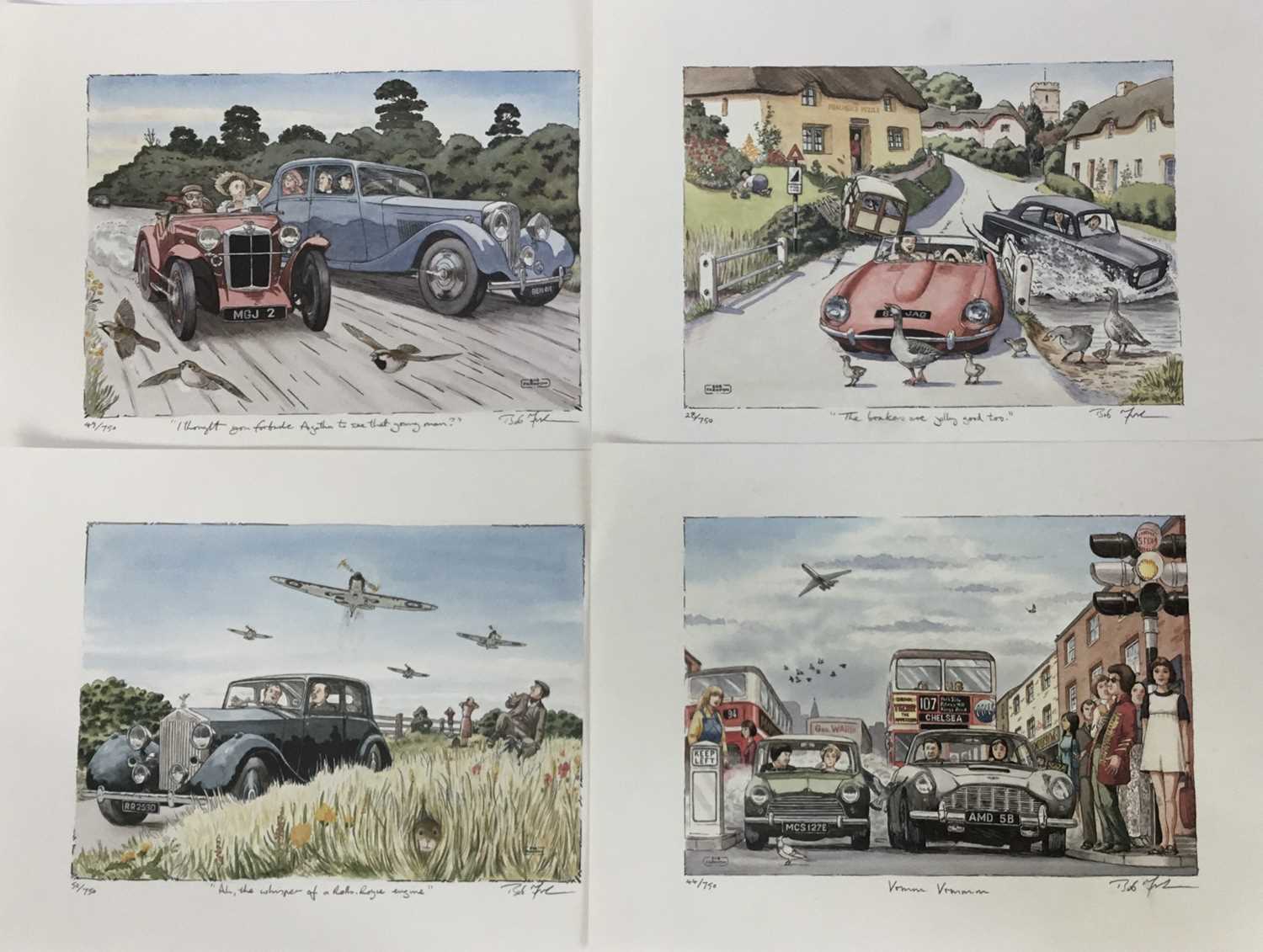 Lot 96 - Bob Farndon (20th century) collection of hand coloured prints on a car theme, together with other subjects, each signed titled and numbered, including various duplicates (approximately 30) total si...