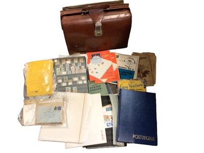 Lot 46 - Brown leather brief case containing stamps. Stamps- GB and world selection in stock book, envelopes and USA year packs (qty)