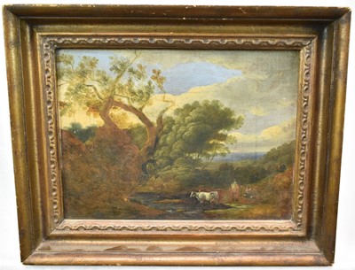 Lot 1208 - Follower of Gainsborough oil on canvas, landscape with cattle and figures