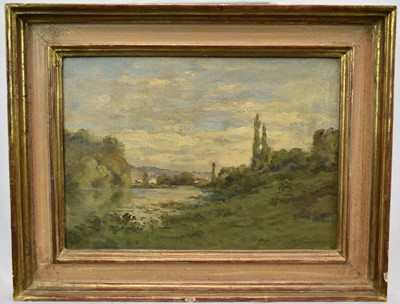 Lot 1209 - Paul Bourdier (late 19th /early 20th century) oil on canvas, Impressionist landscape, signed, indistinctly inscribed verso, 19.5cm x 27cm, in gilt frame