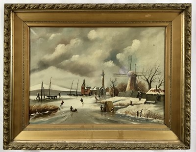 Lot 172 - Late 19th/early 20th century Continental School oil on canvas - figures skating on a frozen canal, monogrammed, 47cm x 65cm, in gilt frame