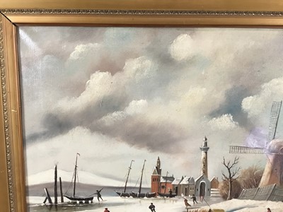 Lot 172 - Late 19th/early 20th century Continental School oil on canvas - figures skating on a frozen canal, monogrammed, 47cm x 65cm, in gilt frame