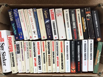 Lot 1694 - Frederick Forsyth (15), John Le Carre (13), Douglas Reeman (17), Alexander Kent (11), R.F.Delderfield (12) and Arthur Harley (8) Thrillers in Hardback and Paperback (2 Boxes)