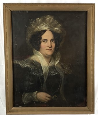 Lot 255 - English School (mid 19th century) oil on canvas, Half length portrait of a lady, in lace bonnet, 77 x 62cm, framed