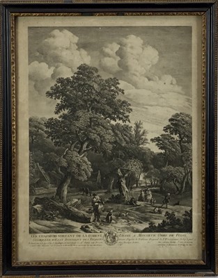Lot 264 - 18th century engraving "Les Chasseurs Sortant de la Forest", J. Moyreau after Wouvermans, published 1745, 51cm x 38.5cm, in hogarth frame