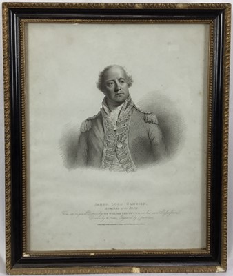 Lot 266 - Early 19th century stipple engraving, portrait of James, Lord Gambier, Admiral of the Blue, published 1810, in glazed gilt and ebonised frame, 42.5cm x 35cm overall
