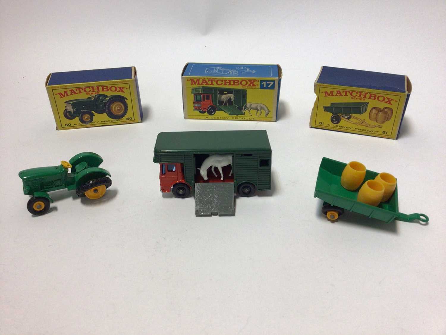 Lot 236 - Matchbox 1-75 Series No.51 8 Wheel Tipper, No.17 Horsebox, No.50 Tractor, No.51 Trailer, No.18 Field Car, No.38 Honda Motorcycle with Trailer 9x2), all boxed (7)