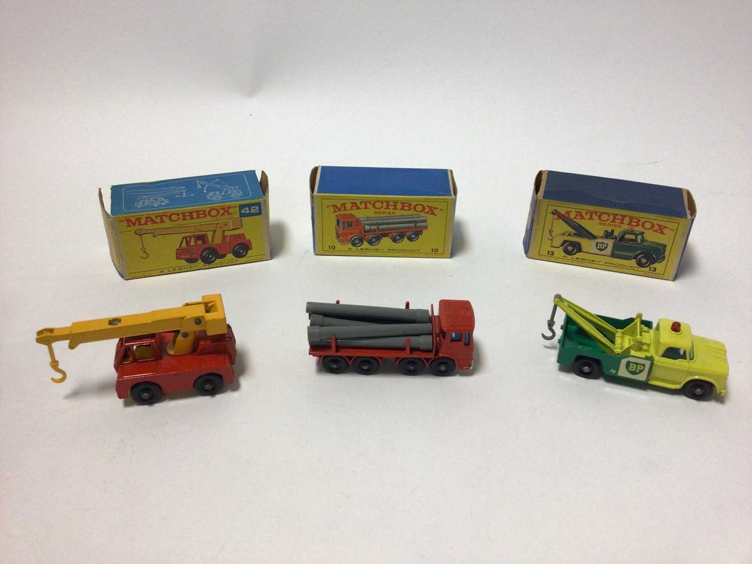 Lot 237 - Matchbox 1-75 Series No.10 Pipe Truck, No.48 Dodge Dumper Truck, No.23 Caravan Trailer, No.18 Caterpillar Bulldozer, No.13 Dodge Wreck Truck, No.25 BP Tanker, No.8 Caterpillar Tractor, No.42 Iron F...