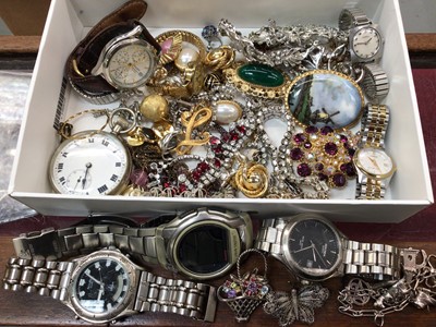 Lot 1023 - Silver charm bracelet, silver gem set floral basket brooch, vintage costume jewellery, pocket watch and various wristwatches