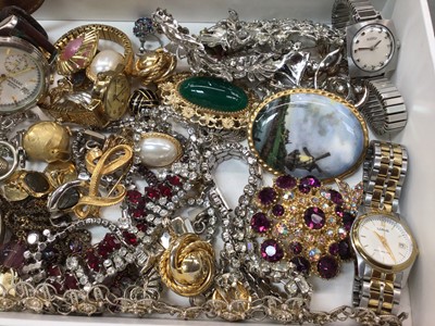 Lot 1023 - Silver charm bracelet, silver gem set floral basket brooch, vintage costume jewellery, pocket watch and various wristwatches